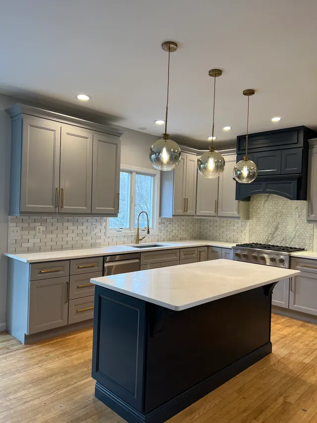 Concord Grey with Concord Blue — a kitchen supplied by Mr. Kitchen Cabinet